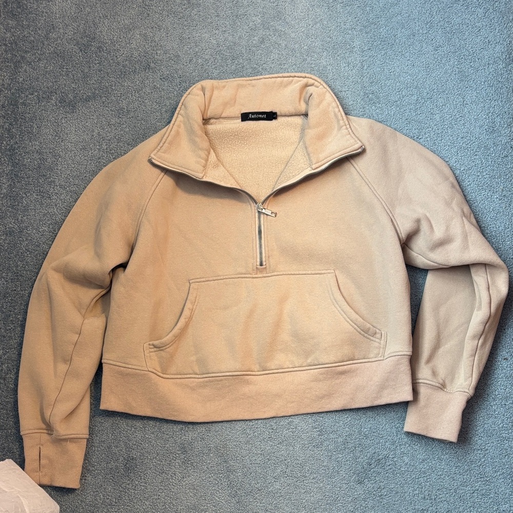Fleece Half-Zip Beige Crop Top
